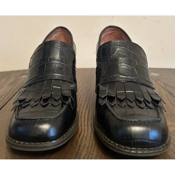 Anthropologie All Black Croc Kitty Loafers Chunky Heel Women's Size 39 US 8.5/9 - Picture 2 of 11
